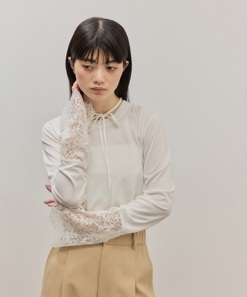 ADAM ET ROPE'（アダムエロペ）の「レースカフストップス（Tシャツ/カットソー・レディース・ホワイト/サックスブルー・FREE）」の9枚目の写真