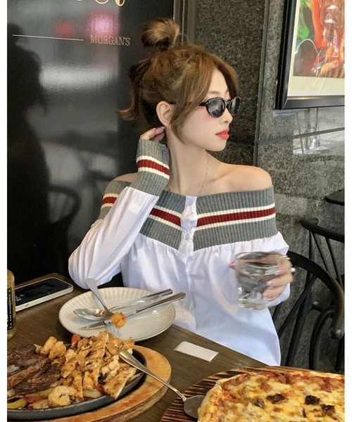 inst.ALL(インストール)の「異素材切り替え配色ボーダーオフショルシャツ(シャツ/ブラウス・レディース・ホワイト/サックスブルー・M)」の18枚目の写真