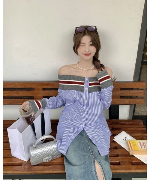 inst.ALL(インストール)の「異素材切り替え配色ボーダーオフショルシャツ(シャツ/ブラウス・レディース・ホワイト/サックスブルー・M)」の3枚目の写真