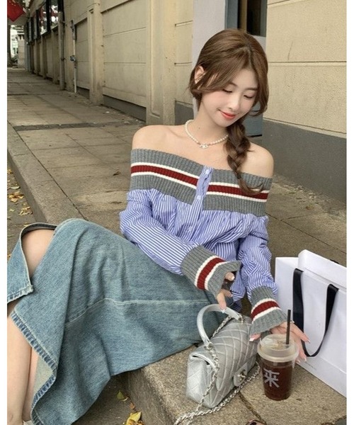 inst.ALL(インストール)の「異素材切り替え配色ボーダーオフショルシャツ(シャツ/ブラウス・レディース・ホワイト/サックスブルー・M)」の5枚目の写真
