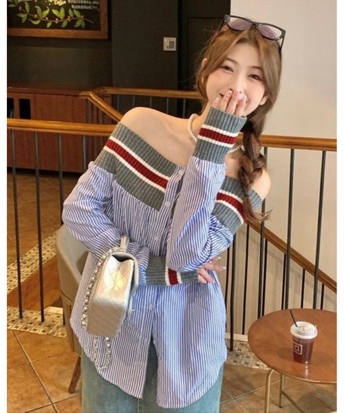 inst.ALL(インストール)の「異素材切り替え配色ボーダーオフショルシャツ(シャツ/ブラウス・レディース・ホワイト/サックスブルー・M)」の6枚目の写真