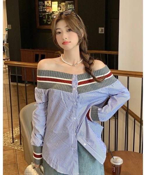 inst.ALL(インストール)の「異素材切り替え配色ボーダーオフショルシャツ(シャツ/ブラウス・レディース・ホワイト/サックスブルー・M)」の7枚目の写真