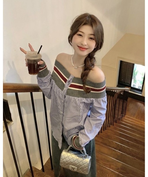 inst.ALL(インストール)の「異素材切り替え配色ボーダーオフショルシャツ(シャツ/ブラウス・レディース・ホワイト/サックスブルー・M)」の8枚目の写真