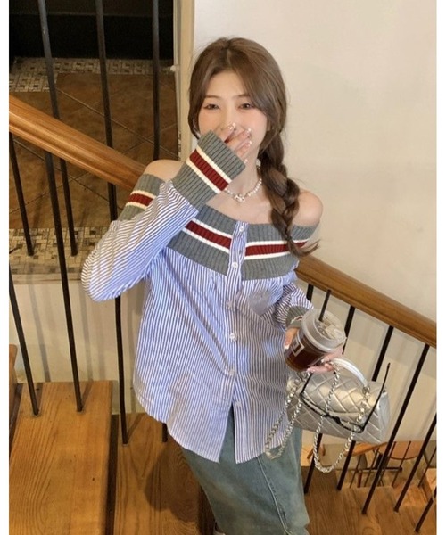 inst.ALL(インストール)の「異素材切り替え配色ボーダーオフショルシャツ(シャツ/ブラウス・レディース・ホワイト/サックスブルー・M)」の9枚目の写真