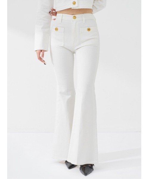 Darich(ダーリッチ)の「DDボタンロングフレアデニム(デニムパンツ・レディース・インディゴブルー/ホワイト・S/M/XS)」の1枚目の写真