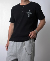 【NYS】ラインストーン トライバル クロス テレコ ショート丈 ヘンリーネックTシャツ 半袖