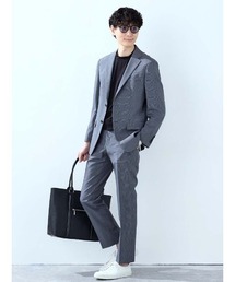 Perfect Suit FActory（パーフェクトスーツファクトリー）の「《上下洗濯OK 裾上げ済み》WEB別注セットアップスーツ ビジカジ対応 小柄(ブラック ネイビー)グレンチェック(グレー)（スーツセット）」