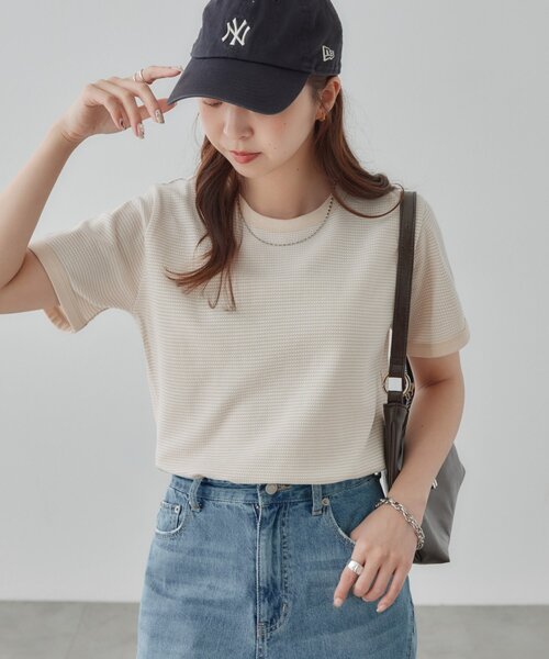 DISCOAT(ディスコート)の「【WEB限定】ポップコーンジャガードリンガーTシャツ(Tシャツ/カットソー・レディース・ブラック/ブルー/ベージュ・MEDIUM)」の3枚目の写真