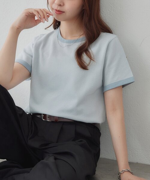 DISCOAT(ディスコート)の「【WEB限定】ポップコーンジャガードリンガーTシャツ(Tシャツ/カットソー・レディース・ブラック/ブルー/ベージュ・MEDIUM)」の2枚目の写真