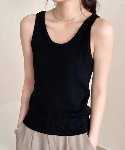 DAY CLOSET(デイ クローゼット)の「【選べる無地orボーダー】デコルテ綺麗魅せ。リブ タンクトップ レディース(タンクトップ・レディース・ブラック/チャコールグレー/アイボリー/ライトグレー/ホワイト系その他・FREE)」の1枚目の写真