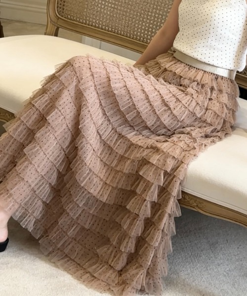 SHOUYO(ショウヨウ)の「ドットチュール ティアードロングスカート(スカート・レディース・ホワイト/ベージュ/ブラック・M)」の7枚目の写真