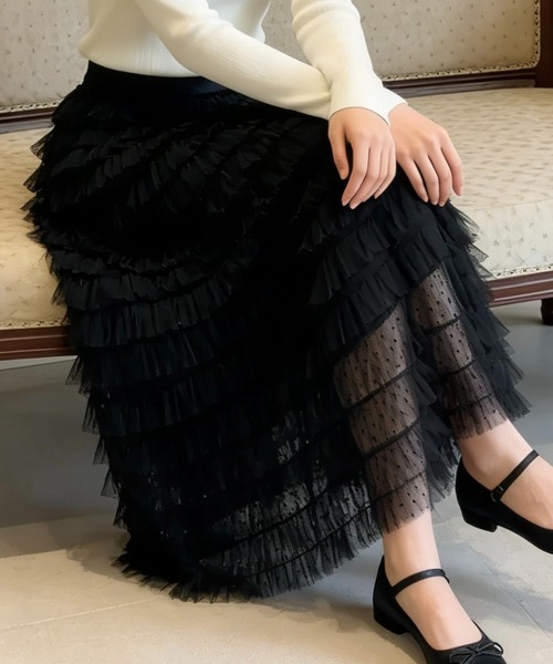SHOUYO(ショウヨウ)の「ドットチュール ティアードロングスカート(スカート・レディース・ホワイト/ベージュ/ブラック・M)」の12枚目の写真