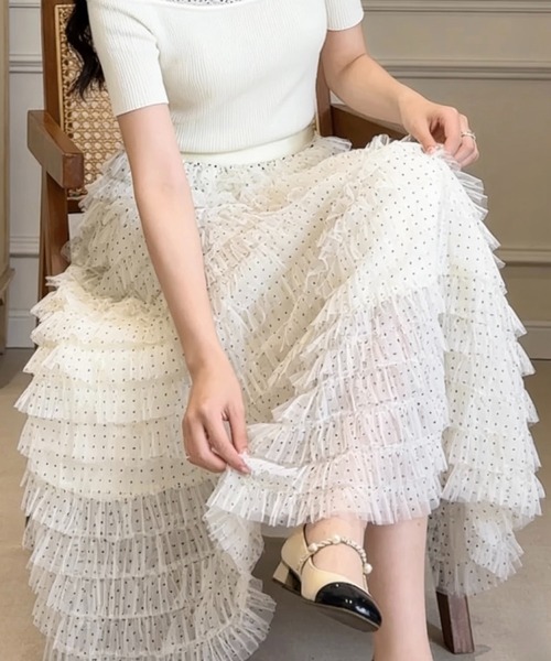 SHOUYO(ショウヨウ)の「ドットチュール ティアードロングスカート(スカート・レディース・ホワイト/ベージュ/ブラック・M)」の17枚目の写真