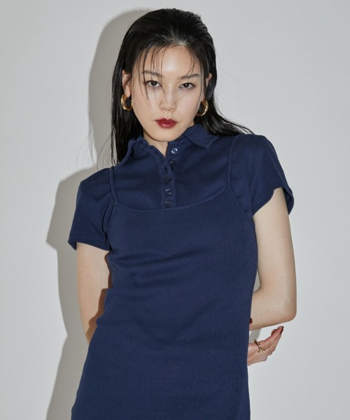 VION(ヴィオン)の「アイレットポロトップス / Eyelet Polo Tops(ポロシャツ・レディース・ネイビー/ブラック・FREE)」の7枚目の写真