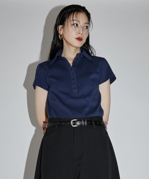 VION(ヴィオン)の「アイレットポロトップス / Eyelet Polo Tops(ポロシャツ・レディース・ネイビー/ブラック・FREE)」の3枚目の写真
