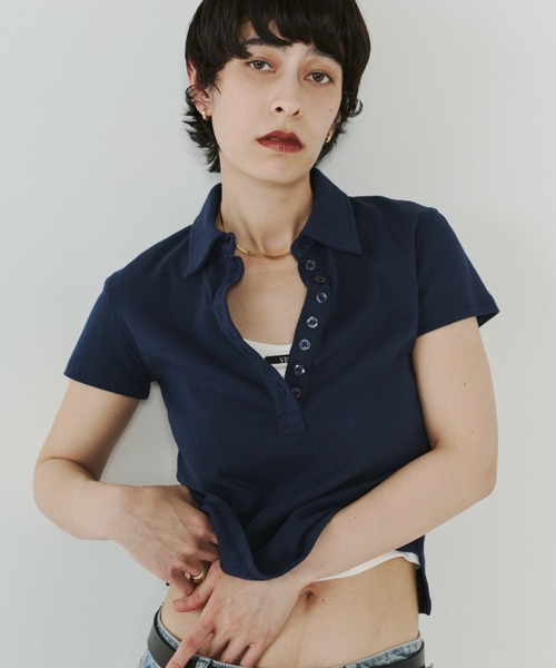 VION(ヴィオン)の「アイレットポロトップス / Eyelet Polo Tops(ポロシャツ・レディース・ネイビー/ブラック・FREE)」の11枚目の写真