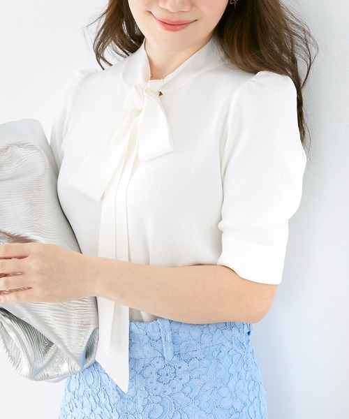Liala×PG(リアラバイピージー)の「半袖 ボウタイ ニット Liala×PG(ニット/セーター・レディース・サックスブルー/ライトグレー/ホワイト/ブラック×ホワイト・M)」の14枚目の写真