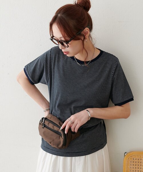 DISCOAT(ディスコート)の「【WEB限定】リンガーシアーボーダー半袖Tシャツ(Tシャツ/カットソー・レディース・ライトベージュ/チャコールグレー/ミント/ネイビー/ホワイト・MEDIUM)」の5枚目の写真