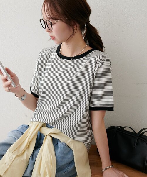 DISCOAT(ディスコート)の「【WEB限定】リンガーシアーボーダー半袖Tシャツ(Tシャツ/カットソー・レディース・ライトベージュ/チャコールグレー/ミント/ネイビー/ホワイト・MEDIUM)」の2枚目の写真