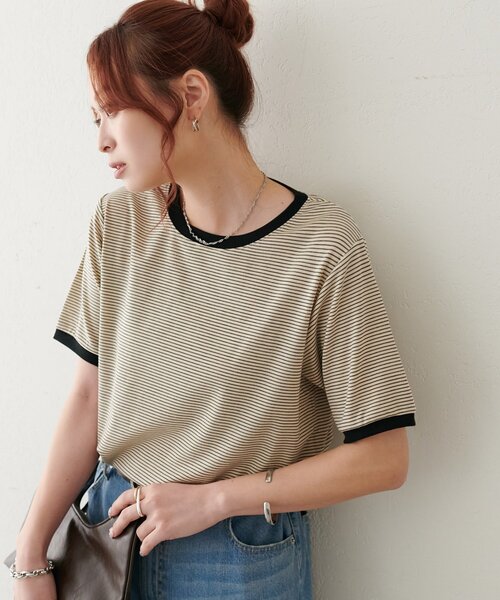 DISCOAT(ディスコート)の「【WEB限定】リンガーシアーボーダー半袖Tシャツ(Tシャツ/カットソー・レディース・ライトベージュ/チャコールグレー/ミント/ネイビー/ホワイト・MEDIUM)」の4枚目の写真