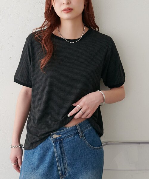 DISCOAT(ディスコート)の「【WEB限定】リンガーシアーボーダー半袖Tシャツ(Tシャツ/カットソー・レディース・ライトベージュ/チャコールグレー/ミント/ネイビー/ホワイト・MEDIUM)」の3枚目の写真