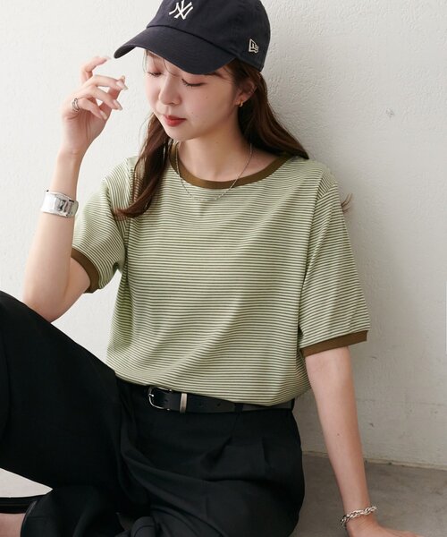 DISCOAT(ディスコート)の「【WEB限定】リンガーシアーボーダー半袖Tシャツ(Tシャツ/カットソー・レディース・ライトベージュ/チャコールグレー/ミント/ネイビー/ホワイト・MEDIUM)」の1枚目の写真