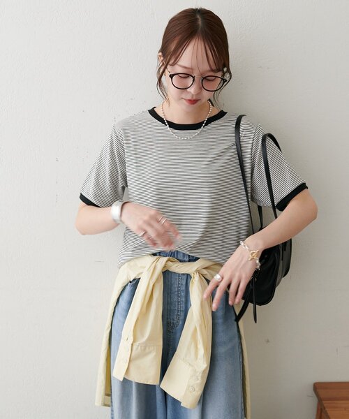 DISCOAT(ディスコート)の「【WEB限定】リンガーシアーボーダー半袖Tシャツ(Tシャツ/カットソー・レディース・ライトベージュ/チャコールグレー/ミント/ネイビー/ホワイト・MEDIUM)」の7枚目の写真