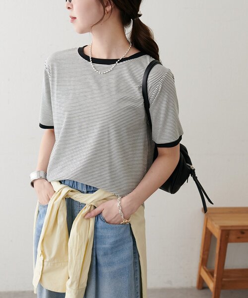 DISCOAT(ディスコート)の「【WEB限定】リンガーシアーボーダー半袖Tシャツ(Tシャツ/カットソー・レディース・ライトベージュ/チャコールグレー/ミント/ネイビー/ホワイト・MEDIUM)」の8枚目の写真
