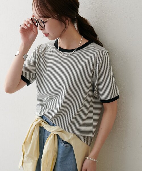 DISCOAT(ディスコート)の「【WEB限定】リンガーシアーボーダー半袖Tシャツ(Tシャツ/カットソー・レディース・ライトベージュ/チャコールグレー/ミント/ネイビー/ホワイト・MEDIUM)」の9枚目の写真