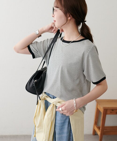 DISCOAT(ディスコート)の「【WEB限定】リンガーシアーボーダー半袖Tシャツ(Tシャツ/カットソー・レディース・ライトベージュ/チャコールグレー/ミント/ネイビー/ホワイト・MEDIUM)」の11枚目の写真