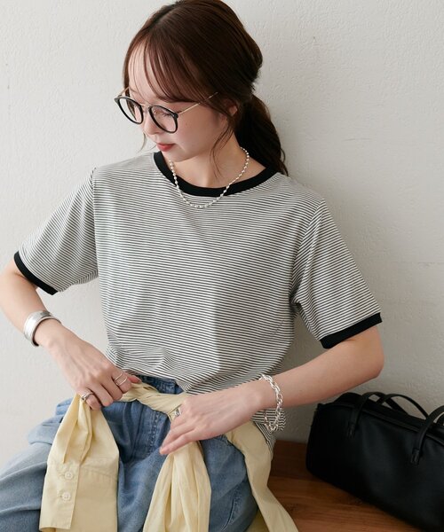 DISCOAT(ディスコート)の「【WEB限定】リンガーシアーボーダー半袖Tシャツ(Tシャツ/カットソー・レディース・ライトベージュ/チャコールグレー/ミント/ネイビー/ホワイト・MEDIUM)」の12枚目の写真