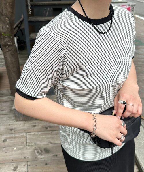 DISCOAT(ディスコート)の「【WEB限定】リンガーシアーボーダー半袖Tシャツ(Tシャツ/カットソー・レディース・ライトベージュ/チャコールグレー/ミント/ネイビー/ホワイト・MEDIUM)」の16枚目の写真