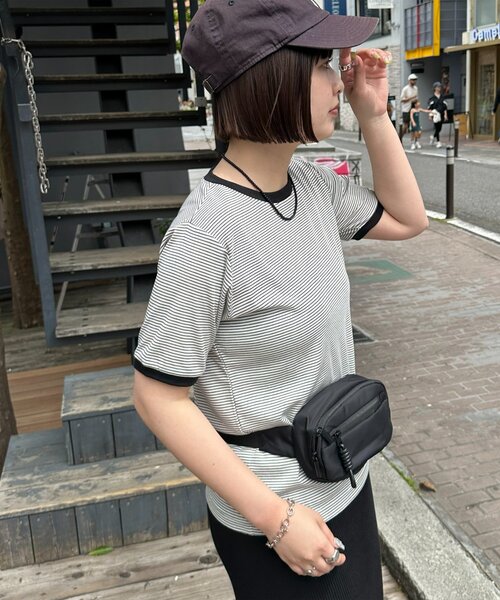 DISCOAT(ディスコート)の「【WEB限定】リンガーシアーボーダー半袖Tシャツ(Tシャツ/カットソー・レディース・ライトベージュ/チャコールグレー/ミント/ネイビー/ホワイト・MEDIUM)」の18枚目の写真