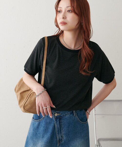 DISCOAT(ディスコート)の「【WEB限定】リンガーシアーボーダー半袖Tシャツ(Tシャツ/カットソー・レディース・ライトベージュ/チャコールグレー/ミント/ネイビー/ホワイト・MEDIUM)」の21枚目の写真