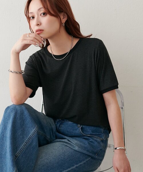 DISCOAT(ディスコート)の「【WEB限定】リンガーシアーボーダー半袖Tシャツ(Tシャツ/カットソー・レディース・ライトベージュ/チャコールグレー/ミント/ネイビー/ホワイト・MEDIUM)」の22枚目の写真