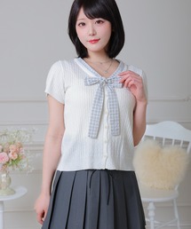 Anely チェック柄 リボン ケーブル編み 半袖 ニット トップス
