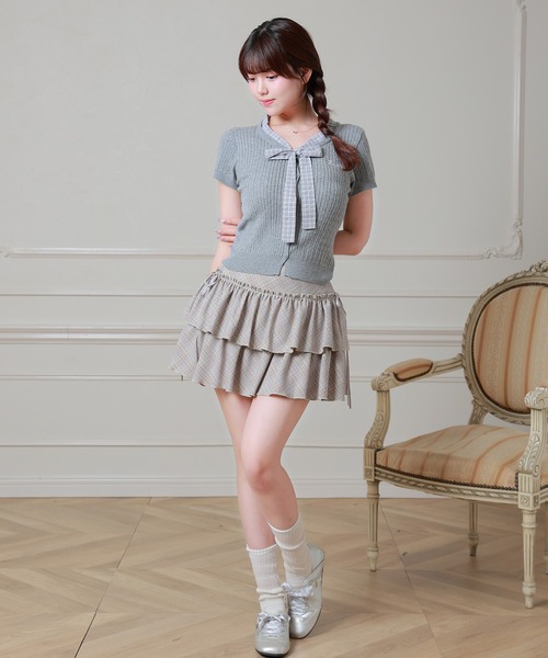 Anely(アネリー)の「Anely チェック柄 リボン ケーブル編み 半袖 ニット トップス(ニット/セーター・レディース・アイボリー/ピンク/グレー・FREE)」の17枚目の写真