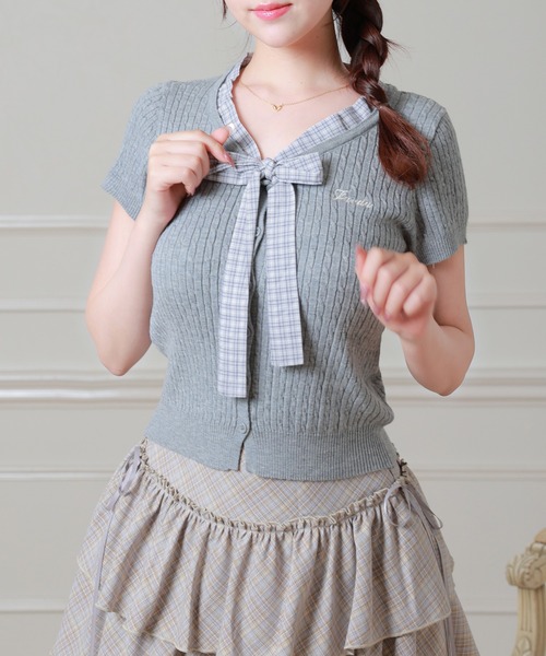 Anely(アネリー)の「Anely チェック柄 リボン ケーブル編み 半袖 ニット トップス(ニット/セーター・レディース・アイボリー/ピンク/グレー・FREE)」の18枚目の写真
