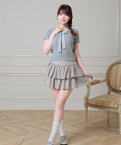 Anely(アネリー)の「Anely チェック柄 リボン ケーブル編み 半袖 ニット トップス(ニット/セーター・レディース・アイボリー/ピンク/グレー・FREE)」の19枚目の写真