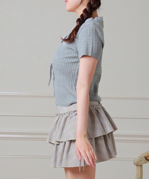 Anely(アネリー)の「Anely チェック柄 リボン ケーブル編み 半袖 ニット トップス(ニット/セーター・レディース・アイボリー/ピンク/グレー・FREE)」の20枚目の写真