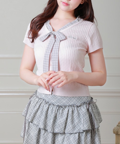 Anely(アネリー)の「Anely チェック柄 リボン ケーブル編み 半袖 ニット トップス(ニット/セーター・レディース・アイボリー/ピンク/グレー・FREE)」の22枚目の写真