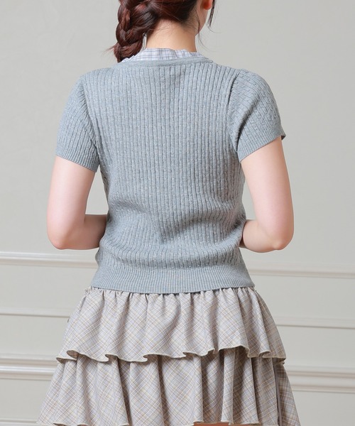 Anely(アネリー)の「Anely チェック柄 リボン ケーブル編み 半袖 ニット トップス(ニット/セーター・レディース・アイボリー/ピンク/グレー・FREE)」の21枚目の写真