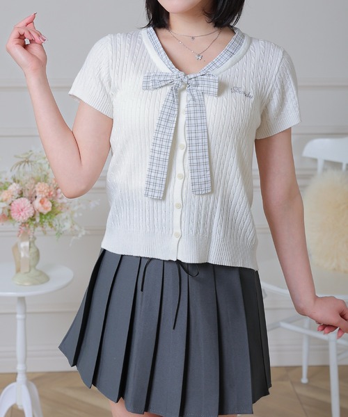 Anely(アネリー)の「Anely チェック柄 リボン ケーブル編み 半袖 ニット トップス(ニット/セーター・レディース・アイボリー/ピンク/グレー・FREE)」の12枚目の写真