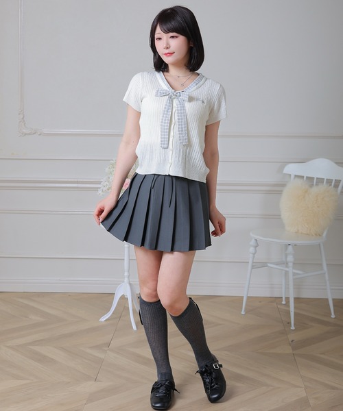 Anely(アネリー)の「Anely チェック柄 リボン ケーブル編み 半袖 ニット トップス(ニット/セーター・レディース・アイボリー/ピンク/グレー・FREE)」の13枚目の写真