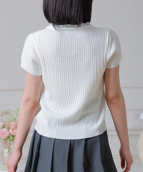 Anely(アネリー)の「Anely チェック柄 リボン ケーブル編み 半袖 ニット トップス(ニット/セーター・レディース・アイボリー/ピンク/グレー・FREE)」の15枚目の写真