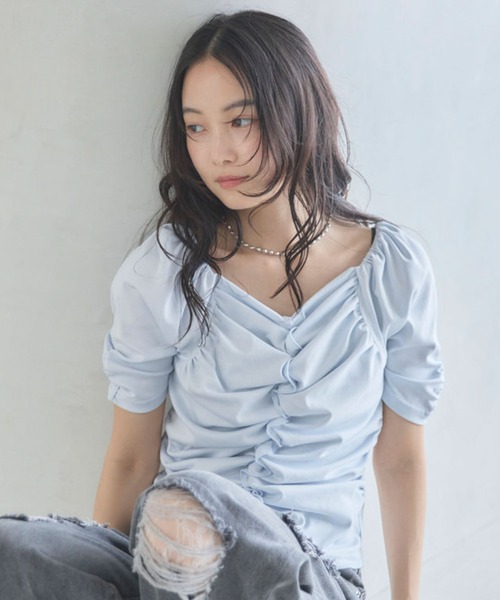 archives(アルシーヴ)の「【ONかわ】ギャザーカットTOPS(Tシャツ/カットソー・レディース・ブルー/オフホワイト/ブラック・MEDIUM)」の14枚目の写真