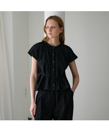 Round Neck Smocked Blouse [Black]