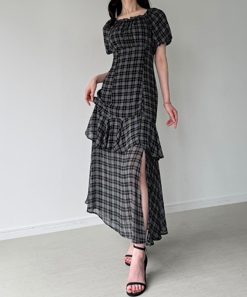 junoah（ジュノア）の「シアーチェックスリットマーメイドワンピース（ワンピース・レディース・ブラック/ブラウン・SMALL/MEDIUM/LARGE）」の9枚目の写真
