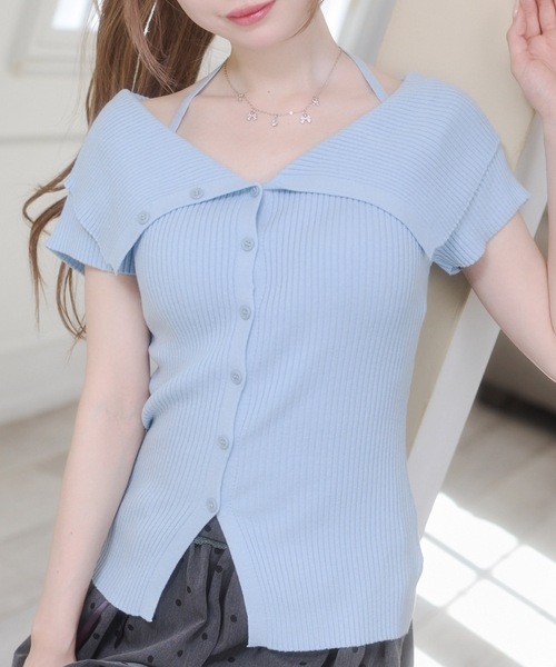 Rmine(アールマイン)の「チョーカー風ストラップ リブニット オフショル トップス(半袖)(ニット/セーター・レディース・ブルー/ホワイト/ベージュ・FREE)」の3枚目の写真