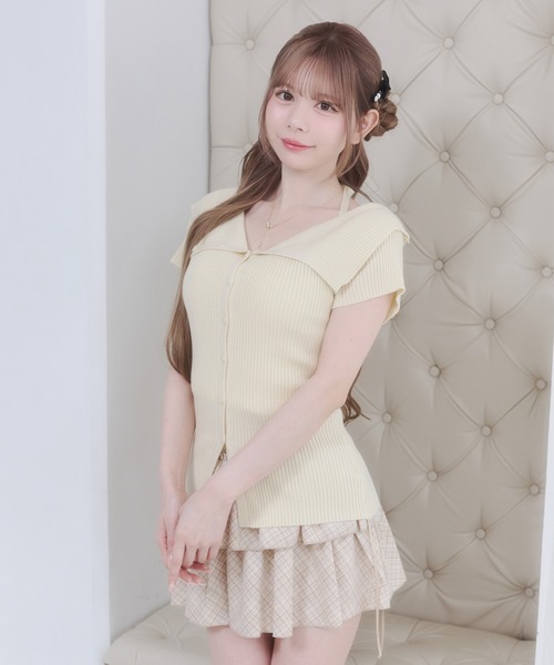 Rmine(アールマイン)の「チョーカー風ストラップ リブニット オフショル トップス(半袖)(ニット/セーター・レディース・ブルー/ホワイト/ベージュ・FREE)」の21枚目の写真